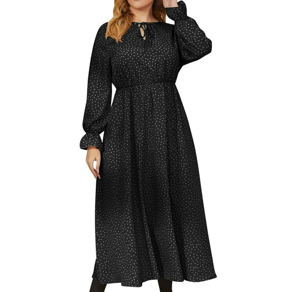 Diufon Plus Size Womens Sundresses Lace-Up Round Neck Long Sleeve Dress Floral Printed Waist Dress