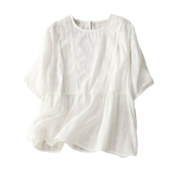 Diufon Plus Size Womens T-Shirts Round Neck Short Sleeve Tops Solid Color Cotton Linen Tees