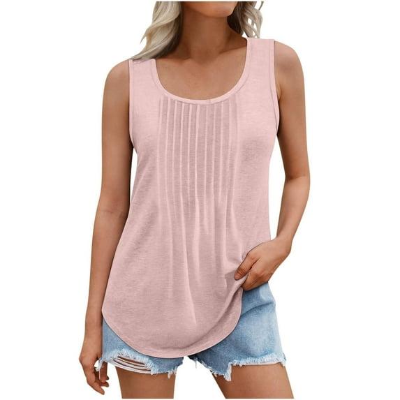 Diufon Plus Size Womens Tank Tops Scoop Neck Sleeveless Tops Summer Casual Solid Color Pleated Tunics