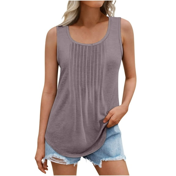 Diufon Plus Size Womens Tank Tops Scoop Neck Sleeveless Tops Summer Casual Solid Color Pleated Tunics