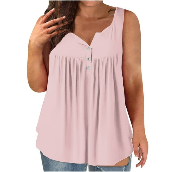 Diufon Plus Size Womens Vest Summer Solid Color Pleated Tops V Neck Sleeveless Button Tees