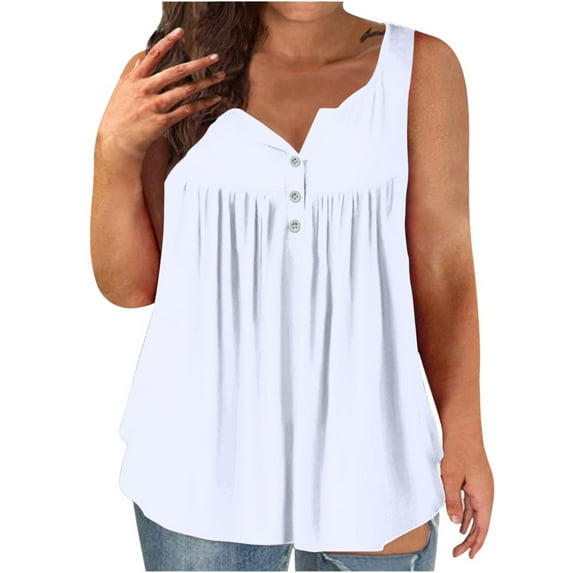Diufon Plus Size Womens Vest Summer Solid Color Pleated Tops V Neck Sleeveless Button Tees