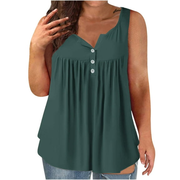 Diufon Plus Size Womens Vest Summer Solid Color Pleated Tops V Neck Sleeveless Button Tees