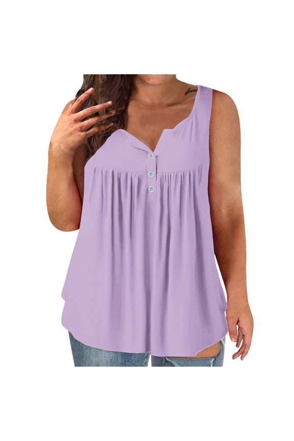 Plus Size Womens Vest Summer Solid Color Pleated Tops V Neck Sleeveless Button Tees