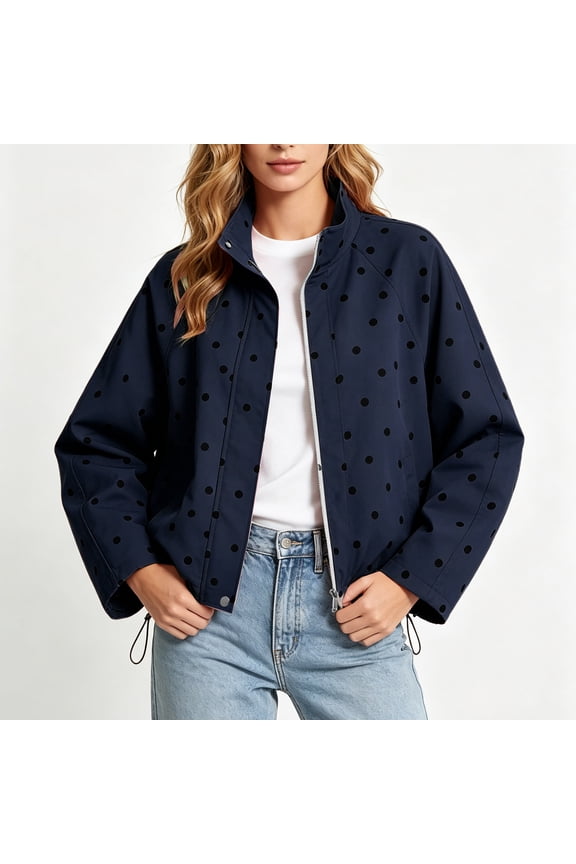 Polka Dot Jackets for Women Adjustable Drawstring Hem Zip Up Windbreaker Jackets Fall Fashion Outerwear for Travel