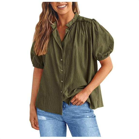 Diufon Puff Short Sleeve Shirts for Women V Neck Button down Tunics Casual Pleated Solid Color Blouses