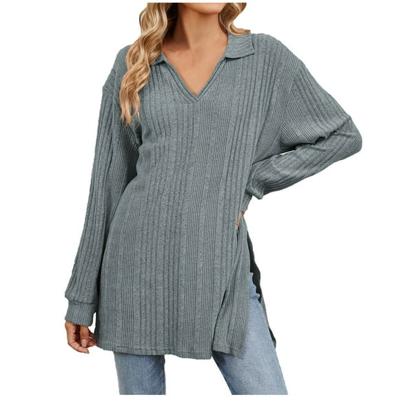 Diufon Pullover Tops for Women Solid Color Side Hem Split Blouses V Neck Long Sleeve Tees