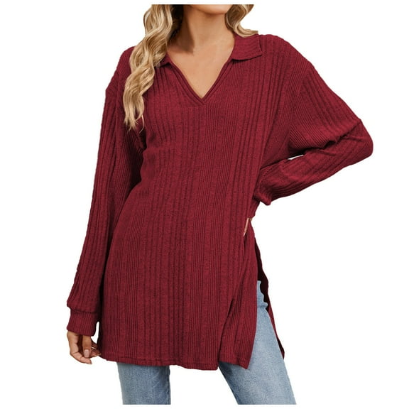 Diufon Pullover Tops for Women Solid Color Side Hem Split Blouses V Neck Long Sleeve Tees