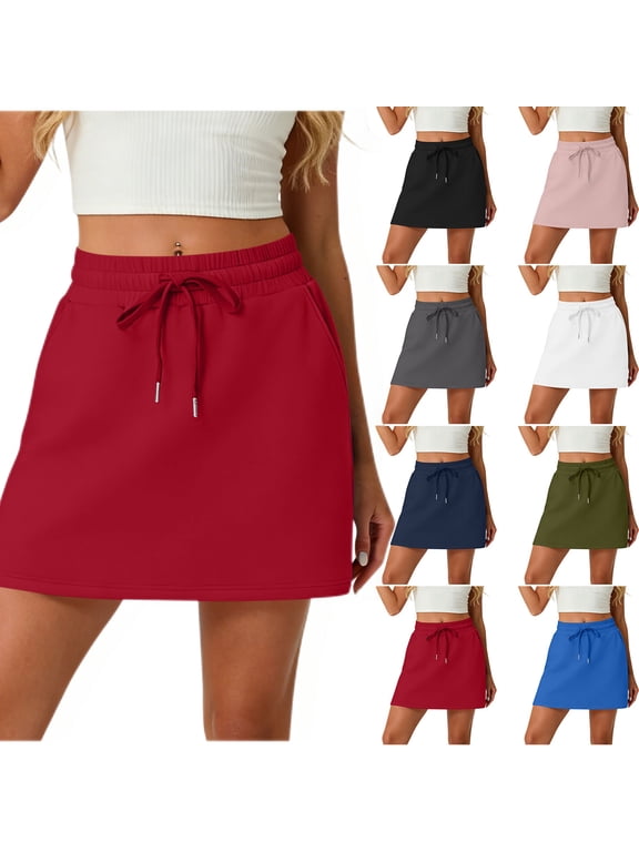 Red Tennis Skirts for Women with Shorts Summer Casual Drawstring Gym Yoga Skorts with Built-in Pockets