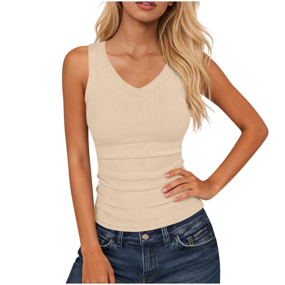 Diufon Ribbed Tank Tops for Women Summer Casual Sleeveless V Neck Basic Tanks Solid Color Knit Slim Camisole