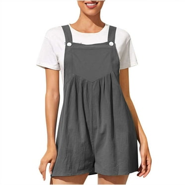 Diufon Rompers for Women Cute Sleeveless Square Neck Button Short Jumpsuits Solid Color Pleated Overalls