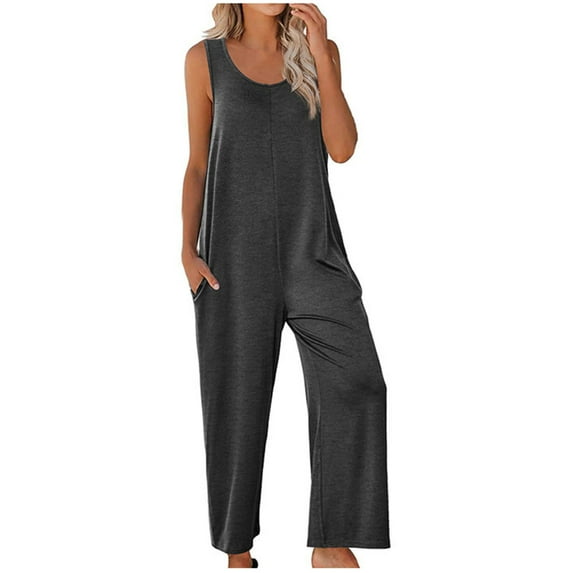 Diufon Rompers for Women Sleeveless Strap Round Neck Overalls Solid Color Jumpsuit with Pockets