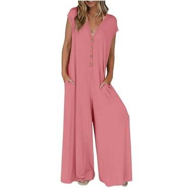 Diufon Rompers for Women V Neck Cap Sleeve Button Playsuits with Pockets Solid Color Wide Leg Bodysuits
