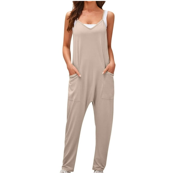 Diufon Rompers for Women V Neck Sleeveless Spaghetti Strap Overalls Pockets Solid Color Playsuit