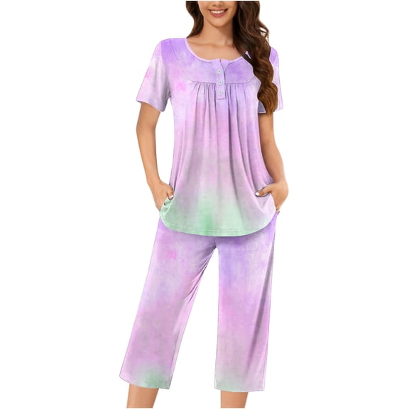 Diufon Women's Short Sleeve Pajama Set Round Neck Shirt and Capri Pants Printed TrendySleepwear Sets with Pockets