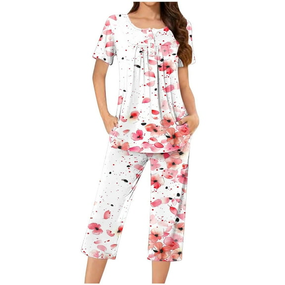 Diufon Women's Short Sleeve Pajama Set Round Neck Shirt and Capri Pants Printed TrendySleepwear Sets with Pockets