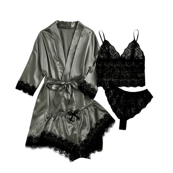 Diufon Satin Pajamas Set for Women Valentine's Day Robe & Lace Camisole Tops & Shorts and Panties 4 Pieces Sets