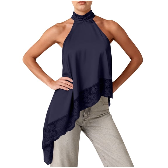 Diufon Satin Tops for Women Sleeveless Mock Neck Asymmetrical Lace Hem Tank Top Elegant Backless Going Out Top
