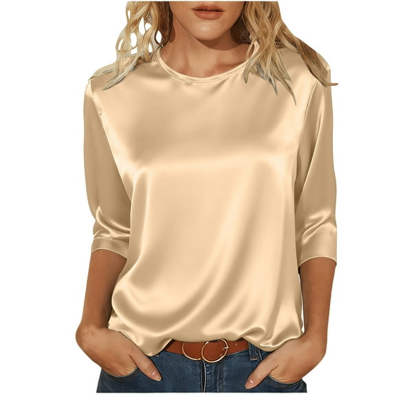 Diufon Satin Tops for Women Solid Color 3/4 Sleeve Round Neck Pullover Business Shirt Dressy Casual Blouses