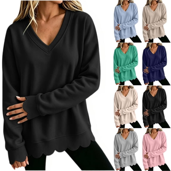 Diufon Scalloped Sweatshirt for Women Oversized Long Sleeve V Neck Thin Fleece Lined Sweatshirts Fall Winter Thermal Pullover