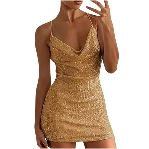 Diufon Sequin Mini Dresses for Women V Neck Sleeveless Slim Dress Solid Color Evening Dress