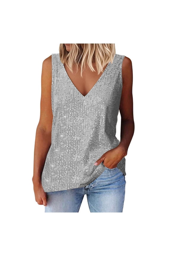 Sequin Tops for Women Glitter Fashion V Neck Sleeveless Party Tank Top Comfy Sparkly Going Out Shirts