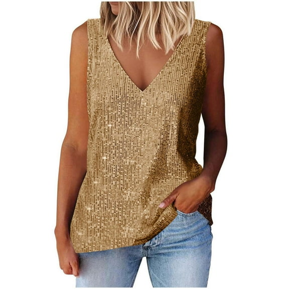 Diufon Sequin Tops for Women Glitter Fashion V Neck Sleeveless Party Tank Top Comfy Sparkly Going Out Shirts