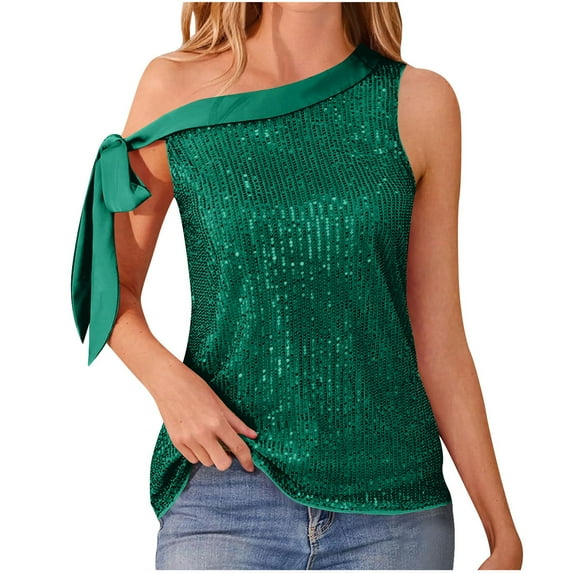 Diufon Sequin Tops for Women Glitter Single Shoulder Sleeveless Bow Knot Tie Party Shirt Trendy Comfy Blouses