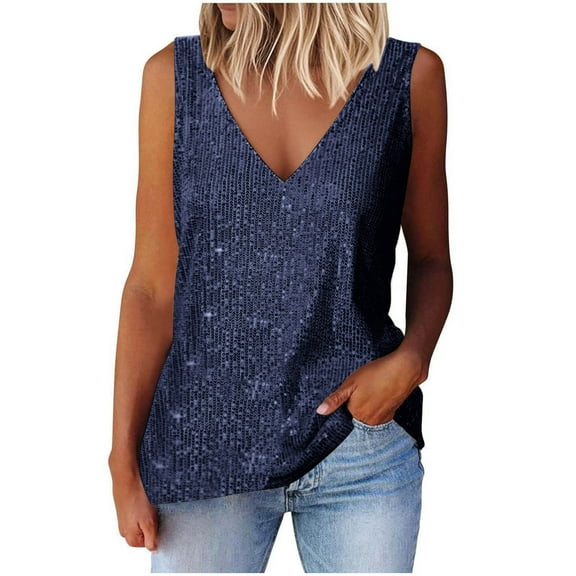Diufon Sequin Tops for Women Glitter Fashion V Neck Sleeveless Party Tank Top Comfy Sparkly Going Out Shirts