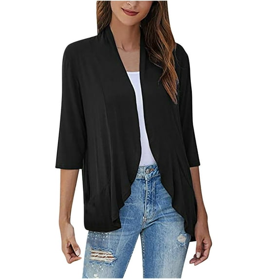 Diufon Shirt for Women Open Front 3/4 Short Sleeve Cardigan Top Summer Lightweight Baggy Blouse (Medium, Black)