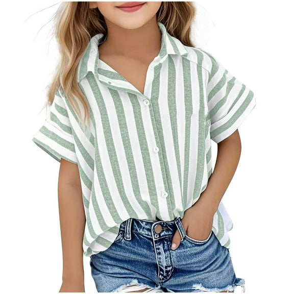 Diufon Shirts for Girls Summer Short Sleeve Stripes Button Down Lapel Shirt Casual Cotton Linen Blouse
