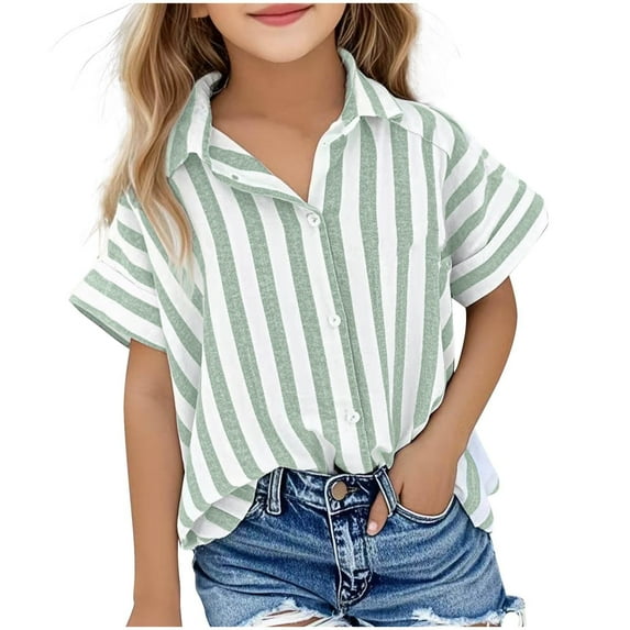 Diufon Shirts for Girls Summer Short Sleeve Stripes Button Down Lapel Shirt Casual Cotton Linen Blouse