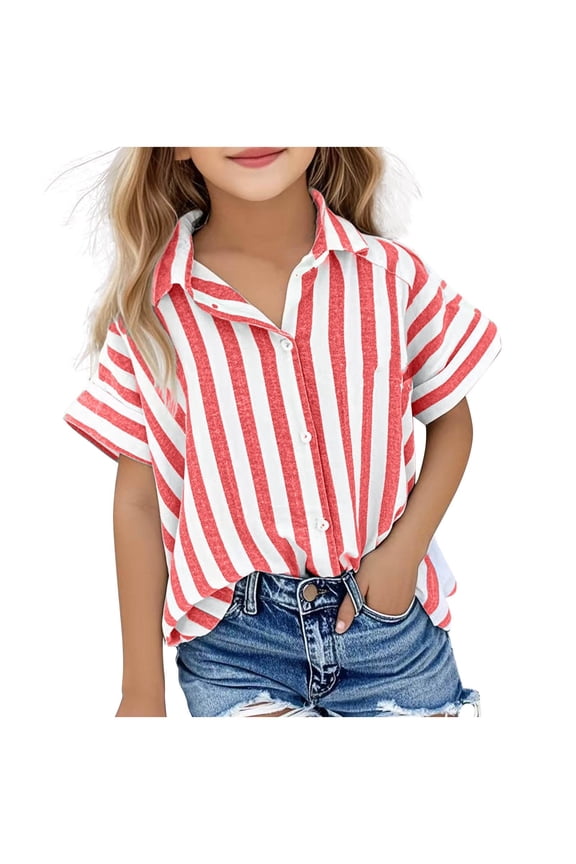 Shirts for Girls Summer Short Sleeve Stripes Button Down Lapel Shirt Casual Cotton Linen Blouse
