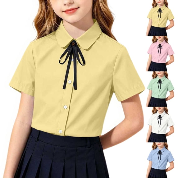 Diufon Uniform Shirts for Girls Short Sleeve Button down Collared Shirts Back to School Cotton Necktie Tops