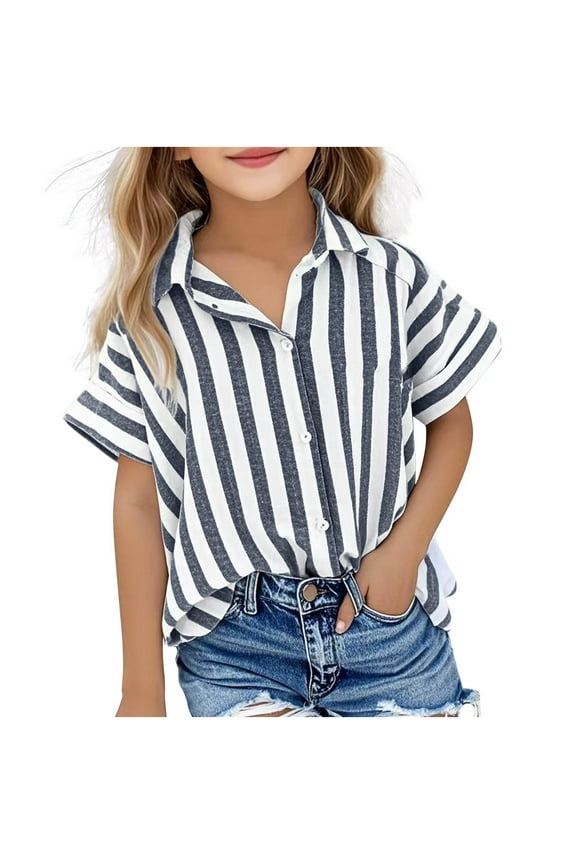 Shirts for Girls Summer Short Sleeve Stripes Button Down Lapel Shirt Casual Cotton Linen Blouse