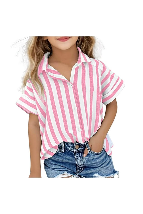 Shirts for Girls Summer Short Sleeve Stripes Button Down Lapel Shirt Casual Cotton Linen Blouse