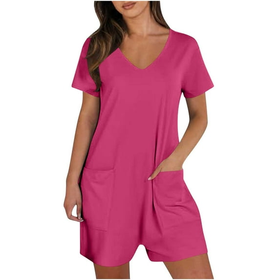 Diufon Short Jumpsuit for Women Solid Color Rompers with Pockets V Neck Short Sleeve Playsuits