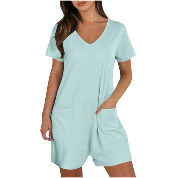 Diufon Short Jumpsuit for Women Solid Color Rompers with Pockets V Neck Short Sleeve Playsuits