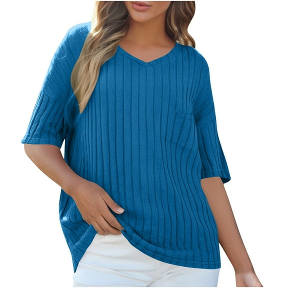 Diufon Short Sleeve Sweater for Women Plus Size Knit V Neck Tops with Pocket Solid Color Lightweight Pullover Shirts