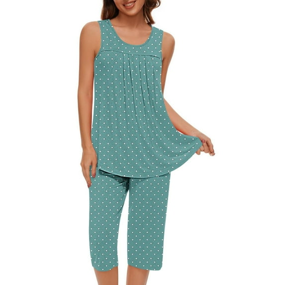 Diufon Sleeveless Pjs Sets for Women Round Neck Tank Tops Polka Dot Capris Pants with Pockets