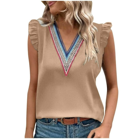 Diufon Sleeveless Tops for Women Ruffle Sleeve V Neck Lace Trim Tunics Casual Solid Color T Shirts