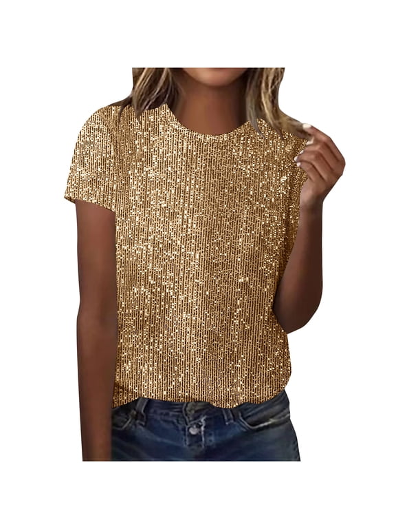 Sparkle Tops for Women Crewneck Short Sleeve Party Night Sequin Top Dressy Casual Loose Glitter Shirts