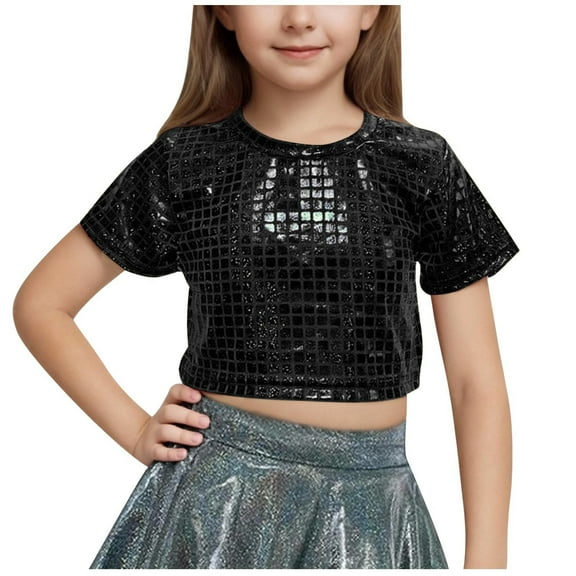 Diufon Sparkly Tops for Girls Trendy Short Sleeve Glitter Party Crop Tops Performance Dance T-shirt for Teen Girl