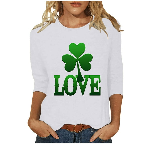 Diufon St Patrick's Day Shirts for Women Casual Shamrock Printed Plus Size 3/4 Sleeve V Neck Pullover Tops