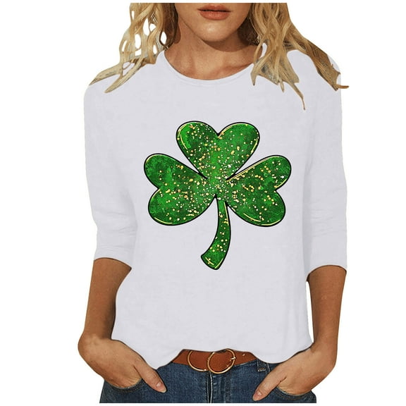 Diufon St Patrick's Day Shirts for Women Casual Shamrock Printed Plus Size 3/4 Sleeve V Neck Pullover Tops
