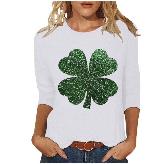 Diufon St Patrick's Day Shirts for Women Casual Shamrock Printed Plus Size 3/4 Sleeve V Neck Pullover Tops