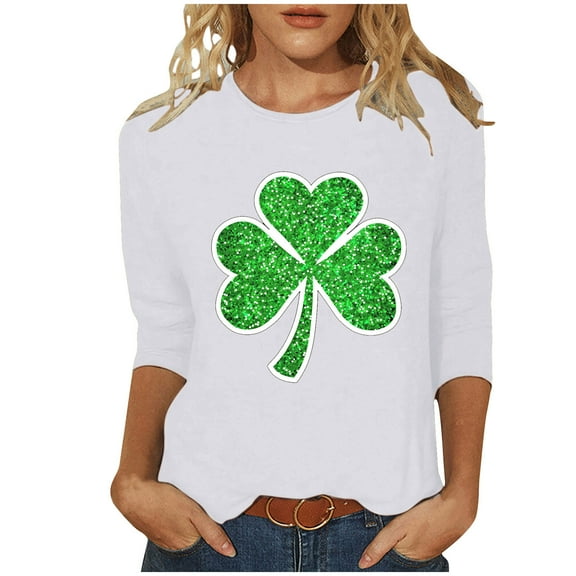 Diufon St Patrick's Day Shirts for Women Shamrock Printed Casual Plus Size 3/4 Sleeve V Neck Pullover Tops