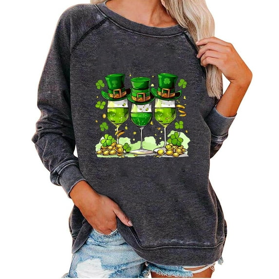 Diufon St Patrick's Day Sweatshirts for Women Casual Plus Size Shamrock Printed Long Sleeve Crewneck Pullover Tops