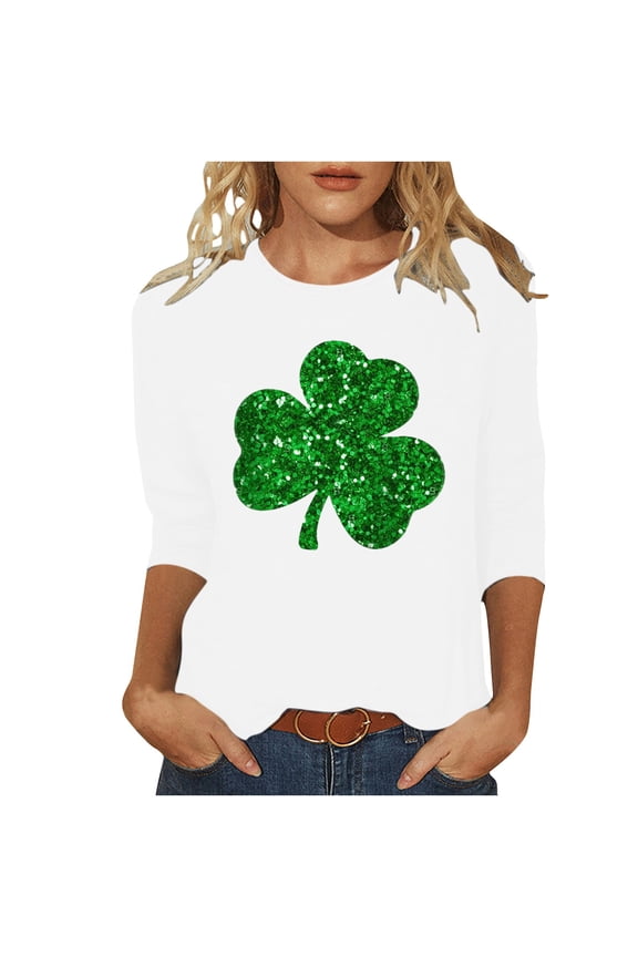 St Patricks Day Shirts for Women Shamrock 3/4 Sleeve Pullover Crewneck Tops Glitter Printed Tunic Blouse