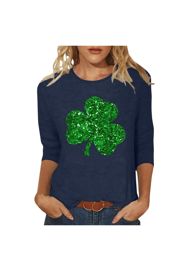 St Patricks Day Shirts for Women Shamrock 3/4 Sleeve Pullover Crewneck Tops Glitter Printed Tunic Blouse